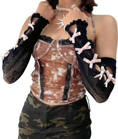 الأكمام ذات الذراع القوطية النسائية قفازات دانتيل أصابع ، y2k bowtie ذراع التدفئة goth goth in Kuwait