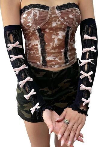 الأكمام ذات الذراع القوطية النسائية قفازات دانتيل أصابع ، y2k bowtie ذراع التدفئة goth goth in Kuwait