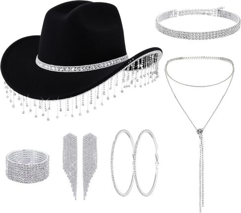 Hercicy 7 PCS Glitter Cowgirl Hat مجموعة مجوهرات Rhinestone ، ملابس ملابس رعاة البقر للعروس Party Halloween Party in Saudi Arabia