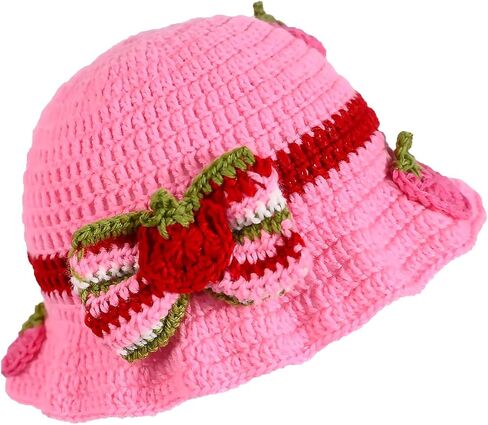 Cute Strawberry Hat Pink Bonnet with Bowknot Berry Knitted Bucket Hats Costumes Cosplay Accessory in Saudi Arabia