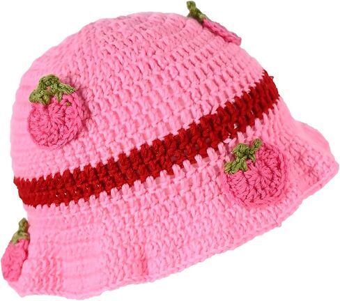 Cute Strawberry Hat Pink Bonnet with Bowknot Berry Knitted Bucket Hats Costumes Cosplay Accessory in Saudi Arabia