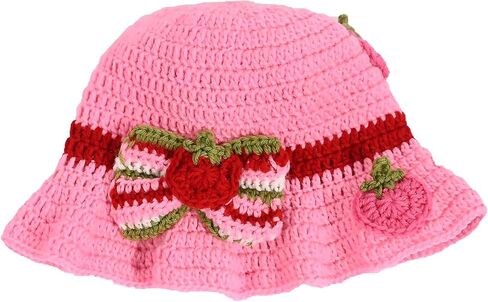 Cute Strawberry Hat Pink Bonnet with Bowknot Berry Knitted Bucket Hats Costumes Cosplay Accessory in Saudi Arabia