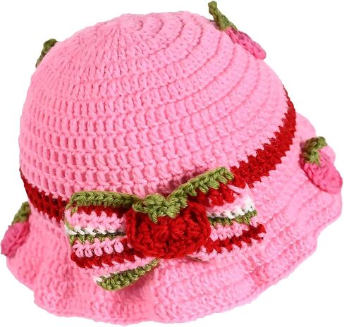 Cute Strawberry Hat Pink Bonnet with Bowknot Berry Knitted Bucket Hats Costumes Cosplay Accessory in Saudi Arabia