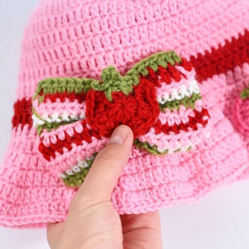 Cute Strawberry Hat Pink Bonnet with Bowknot Berry Knitted Bucket Hats Costumes Cosplay Accessory in Saudi Arabia