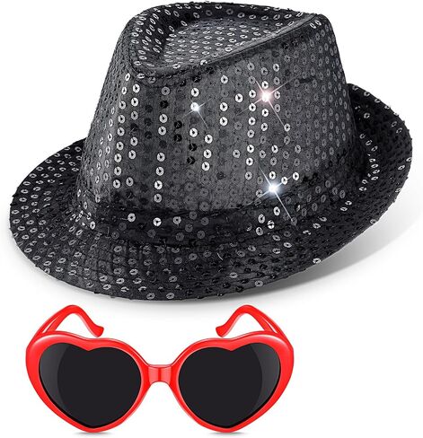 Geyoga 2 Pcs Halloween Costume Accessories Black Sequin Hat Women Heart Shaped Sunglasses Black Disco Hat Sequins Party Hats for Adults Retro Disco Concert Party Supplies in Saudi Arabia