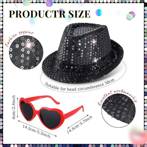 Geyoga 2 Pcs Halloween Costume Accessories Black Sequin Hat Women Heart Shaped Sunglasses Black Disco Hat Sequins Party Hats for Adults Retro Disco Concert Party Supplies in Saudi Arabia
