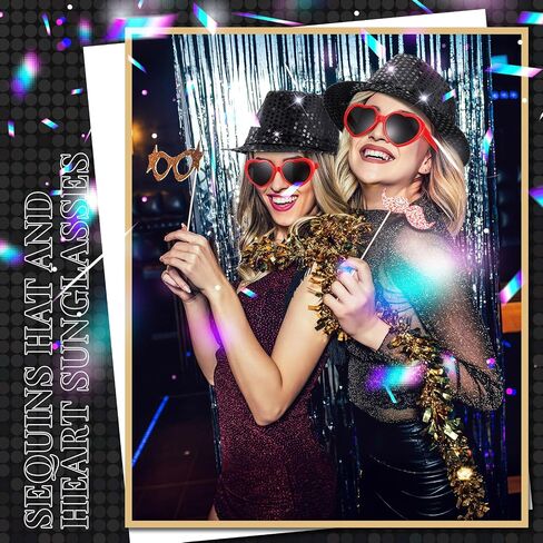 Geyoga 2 Pcs Halloween Costume Accessories Black Sequin Hat Women Heart Shaped Sunglasses Black Disco Hat Sequins Party Hats for Adults Retro Disco Concert Party Supplies in Saudi Arabia