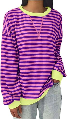 Oversized Striped Sweatshirt for Women Plus Size Pullover Jumper Long Sleeve Crewneck Fall Winter Tops No Fleece in Kuwait