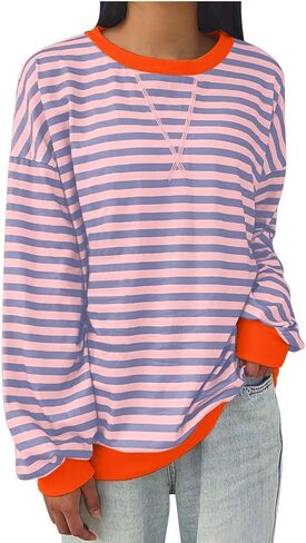 Oversized Striped Sweatshirt for Women Plus Size Pullover Jumper Long Sleeve Crewneck Fall Winter Tops No Fleece in Kuwait