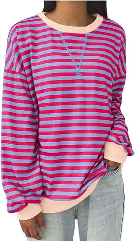 Oversized Striped Sweatshirt for Women Plus Size Pullover Jumper Long Sleeve Crewneck Fall Winter Tops No Fleece in Kuwait