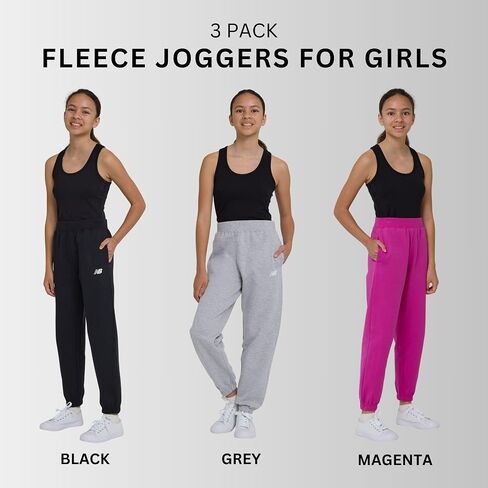 New Balance Girls Active Fleece Jogger 3 Pack-Cotton Blend Soft Fleece Athletic Performance Performance Discual Discal Pants (4-16) in Saudi Arabia