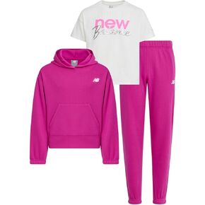 New Balance Girls 3pc Sweatsuit - مجموعة Cotton Blend Fleece Activewear Set - Pullover Crewneck Hoodie ، T -Shirt ، Jogger ، (4-12) in Kuwait