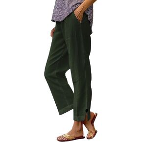 Cotton Linen Straight Leg Pants for Women Elastic High Waisted Lounge Pant Summer Trousers Casual Slacks with Pocket in Kuwait