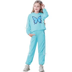 مجموعة Amclos Girl مجموعات 5-14 سنوات أطفال ملابس لطيفة الفراشة الطويلة الأكمام القمصان محصول مقنع in Kuwait