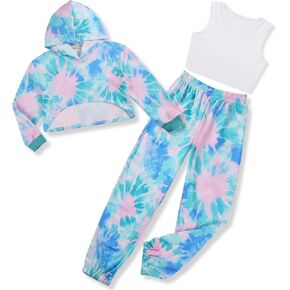 Zupora Girls 3 Piece Outfits Long Sleeve Hoodie Sweatshirt Crop Tank Sweatpants Set Athletic Sports Dance School 6-14 in Saudi Arabia