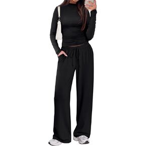 صالة Sampeel المكونة من قطعتين للنساء 2 قطعة سقوط الملابس 2025 Dock Neck Ruched Tops Wide Leg Pants Airport in Kuwait