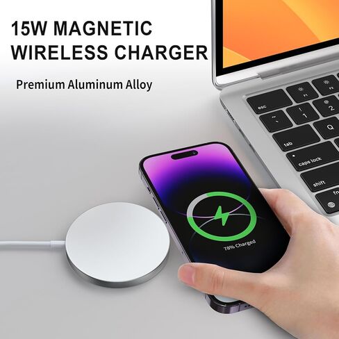 Magnetic Wireless Charger, Portable Fast Charger, 15W Fast Charging Pad, Compatible for iPhone 15/14/13/12 with USB-C Cable and USB-A Converter (White) in Kuwait