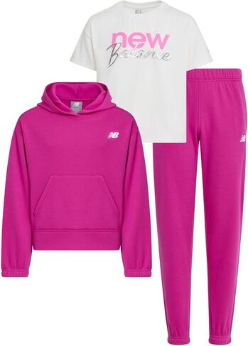 New Balance Girls 3pc Sweatsuit - مجموعة Cotton Blend Fleece Activewear Set - Pullover Crewneck Hoodie ، T -Shirt ، Jogger ، (4-12) in Kuwait