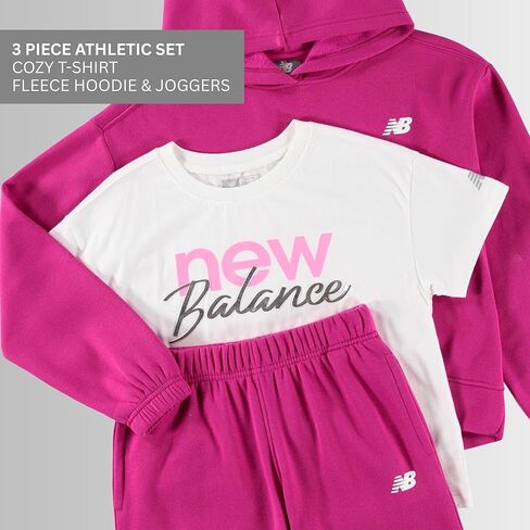 New Balance Girls 3pc Sweatsuit - مجموعة Cotton Blend Fleece Activewear Set - Pullover Crewneck Hoodie ، T -Shirt ، Jogger ، (4-12) in Kuwait