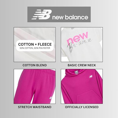 New Balance Girls 3pc Sweatsuit - مجموعة Cotton Blend Fleece Activewear Set - Pullover Crewneck Hoodie ، T -Shirt ، Jogger ، (4-12) in Kuwait