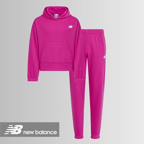 New Balance Girls 3pc Sweatsuit - مجموعة Cotton Blend Fleece Activewear Set - Pullover Crewneck Hoodie ، T -Shirt ، Jogger ، (4-12) in Kuwait