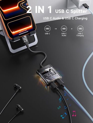 موزع JSAUX USB C، محول سماعة رأس وشاحن 2 في 1 USB C، من النوع C إلى USB C عالي الدقة 32 بت/384 كيلو هرتز صوت وUSB C PD 60 وات دونجل شحن سريع لهاتف iPhone 16 Pro Max وGalaxy S24 Ultra وiPad وPixel in Saudi Arabia