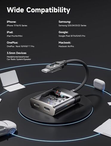 موزع JSAUX USB C، محول سماعة رأس وشاحن 2 في 1 USB C، من النوع C إلى USB C عالي الدقة 32 بت/384 كيلو هرتز صوت وUSB C PD 60 وات دونجل شحن سريع لهاتف iPhone 16 Pro Max وGalaxy S24 Ultra وiPad وPixel in Saudi Arabia