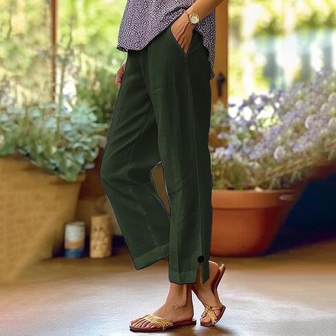 Cotton Linen Straight Leg Pants for Women Elastic High Waisted Lounge Pant Summer Trousers Casual Slacks with Pocket in Saudi Arabia