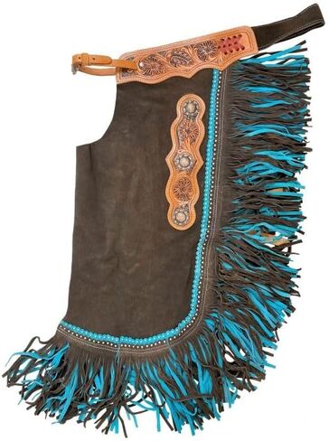 Showman Brown Suede Leather Chinks w/Mixed Blue Fringe in Saudi Arabia