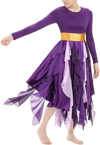 IDOPIP Metallic Praise Dance Dress for Women Asymmetric Ruffle Overlay Dresses Liturgical Lyrical Dancewear Worship Costume in Saudi Arabia
