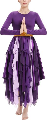 IDOPIP Metallic Praise Dance Dress for Women Asymmetric Ruffle Overlay Dresses Liturgical Lyrical Dancewear Worship Costume in Saudi Arabia