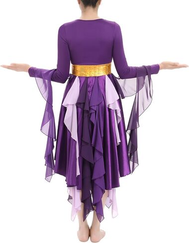 IDOPIP Metallic Praise Dance Dress for Women Asymmetric Ruffle Overlay Dresses Liturgical Lyrical Dancewear Worship Costume in Saudi Arabia