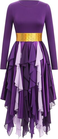 IDOPIP Metallic Praise Dance Dress for Women Asymmetric Ruffle Overlay Dresses Liturgical Lyrical Dancewear Worship Costume in Saudi Arabia