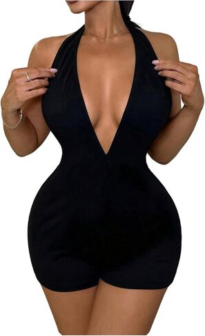 WDIRARA Women's Deep V Neck Backless Halter Romper Sleeveless Bodycon Unitard Shorts Jumpsuit in Saudi Arabia