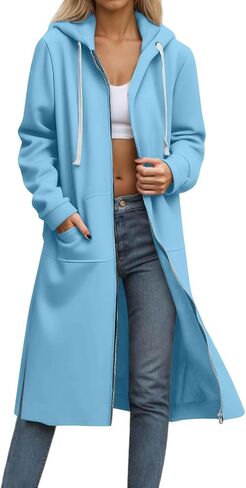 Long Hoodies for Women Zip Up Hooded Sweatshirt Casual Long Sleeve Fleece Jacket Side Split Hoodie with Pockets 2025 in Saudi Arabia
