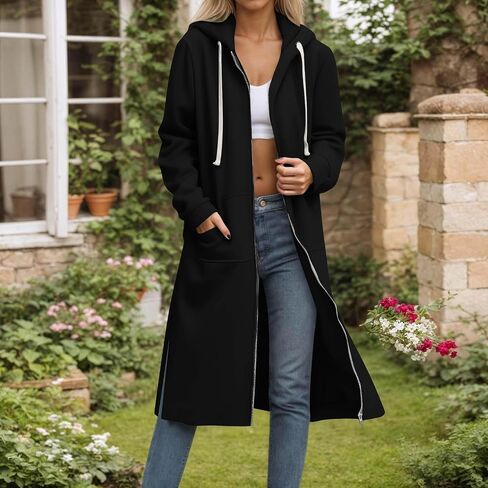 Long Hoodies for Women Zip Up Hooded Sweatshirt Casual Long Sleeve Fleece Jacket Side Split Hoodie with Pockets 2025 in Saudi Arabia