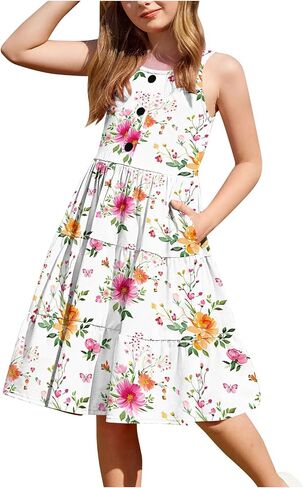 Back to School Dersses for Girls Flowy Sleeveless Sundress Casual Summer A-Line Midi Dress Cute Outfits 2-12 Years in Kuwait