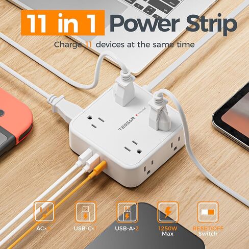 TESSAN Surge Protector Power Strip with 900J Surge Protection, 5 Ft, Grey | 8 AC with 3 USB Ports (1 USB C 20W PD), Flat Plug Extension Cord, 3 Sided Outlet Extender with Power Switch for Dorm Room in Saudi Arabia
