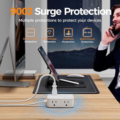 TESSAN Surge Protector Power Strip with 900J Surge Protection, 5 Ft, Grey | 8 AC with 3 USB Ports (1 USB C 20W PD), Flat Plug Extension Cord, 3 Sided Outlet Extender with Power Switch for Dorm Room in Saudi Arabia