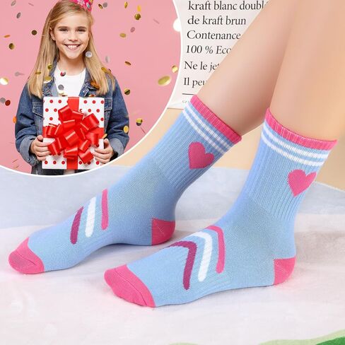 Jspupifip 6 Pairs Kids Athletic Socks, Girls Socks with Retro Hearts Stripes, Sport Crew Sock for Youth Teen Girls 9-13 Years Old in Saudi Arabia