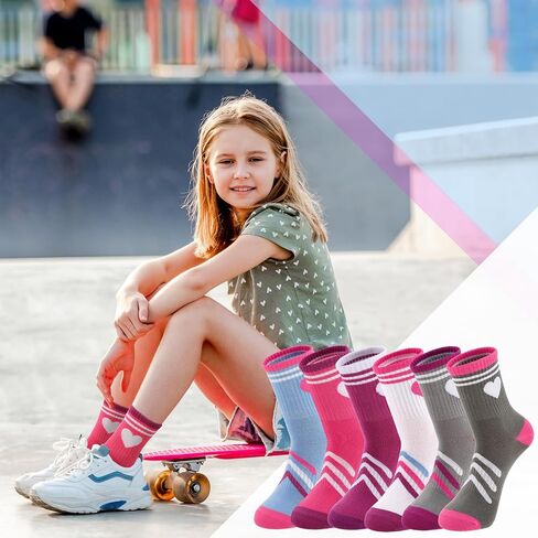 Jspupifip 6 Pairs Kids Athletic Socks, Girls Socks with Retro Hearts Stripes, Sport Crew Sock for Youth Teen Girls 9-13 Years Old in Saudi Arabia