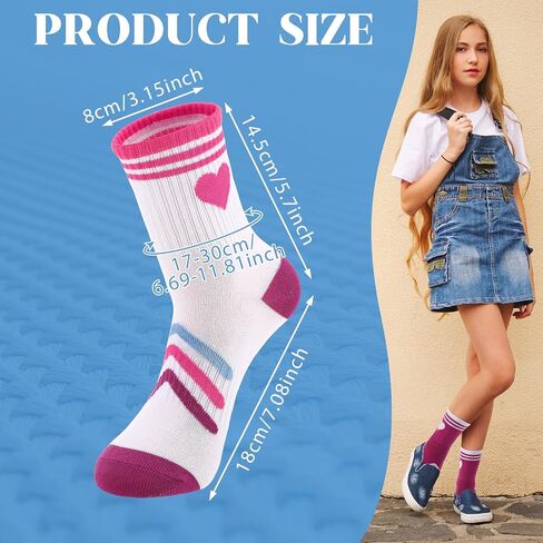 Jspupifip 6 Pairs Kids Athletic Socks, Girls Socks with Retro Hearts Stripes, Sport Crew Sock for Youth Teen Girls 9-13 Years Old in Saudi Arabia