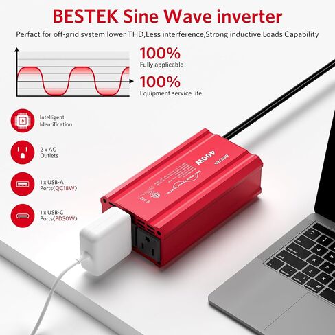BESTEK 300W Car Power Inverter, DC 12V to 110V Car Inverter with 2 AC Outlets and 3.4A Dual USB Ports, Car Plug Adapter Outlet Converter Red in Saudi Arabia