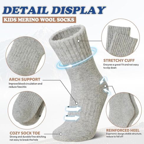 Wevias Kids Merino Wool Socks المشي لمسافات طويلة التزلج التزلج على الشتاء الحراري الدافئ الصغار الأولاد جوارب مريحة 4 أزواج in Kuwait