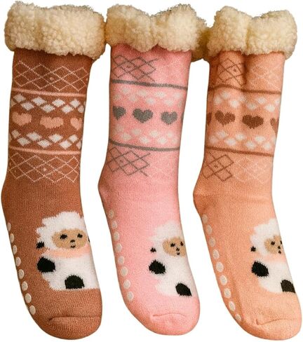 Girls Slipper Socks – Cozy Sherpa Lined Thermal Socks with Non-Slip Grips – Cute Sheep & Modern Winter Designs – Warm Indoor Socks Gift - 3 pack One Size in Saudi Arabia