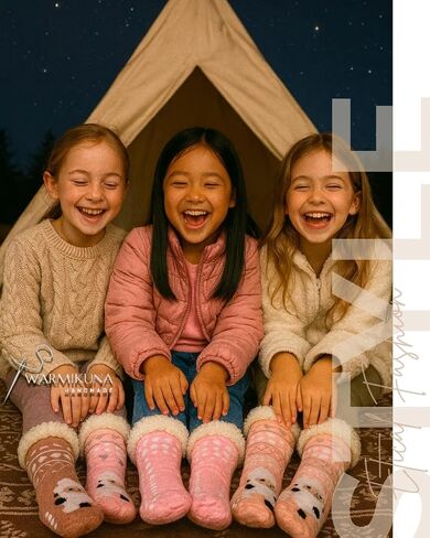 Girls Slipper Socks – Cozy Sherpa Lined Thermal Socks with Non-Slip Grips – Cute Sheep & Modern Winter Designs – Warm Indoor Socks Gift - 3 pack One Size in Saudi Arabia