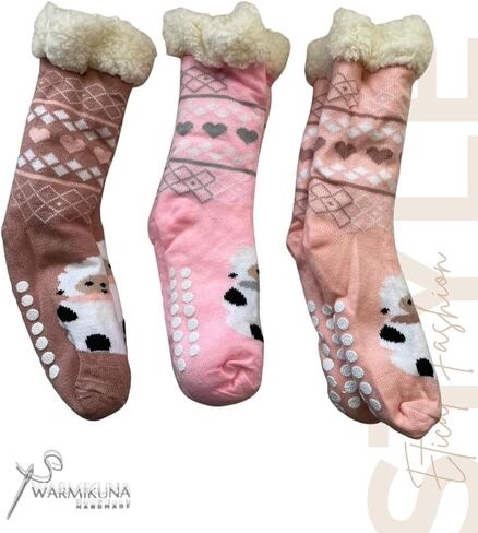 Girls Slipper Socks – Cozy Sherpa Lined Thermal Socks with Non-Slip Grips – Cute Sheep & Modern Winter Designs – Warm Indoor Socks Gift - 3 pack One Size in Saudi Arabia