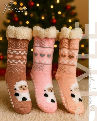 Girls Slipper Socks – Cozy Sherpa Lined Thermal Socks with Non-Slip Grips – Cute Sheep & Modern Winter Designs – Warm Indoor Socks Gift - 3 pack One Size in Saudi Arabia