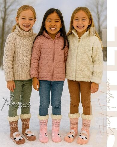 Girls Slipper Socks – Cozy Sherpa Lined Thermal Socks with Non-Slip Grips – Cute Sheep & Modern Winter Designs – Warm Indoor Socks Gift - 3 pack One Size in Saudi Arabia