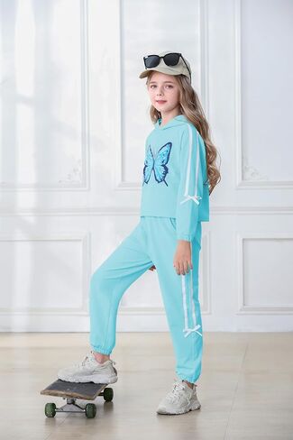 مجموعة Amclos Girl مجموعات 5-14 سنوات أطفال ملابس لطيفة الفراشة الطويلة الأكمام القمصان محصول مقنع in Saudi Arabia